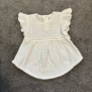 Jamie Kay white gauzy shirt with lace trim, ruffle sleeves, 3 back buttons